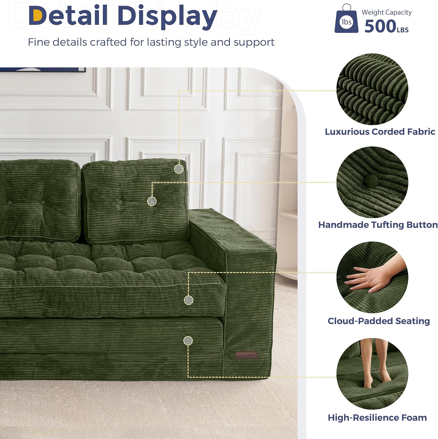 MAXYOYO Convertible Sofa Bed, Pull Out Loveseat Sleeper Sofa, 2 in 1 Folding Couch Bed, Fold Out Floor Couch with Pillows for Living Room Bedroom Lounge, Dark Green