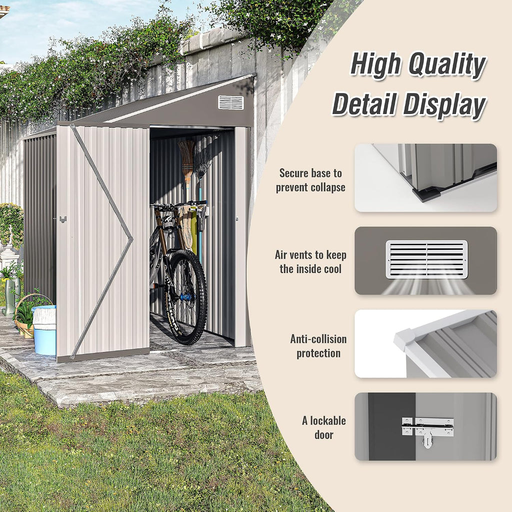 4x8 FT Metal Outdoor Storage Shed, Lean-to Garden Tool and Bike Shed with Lockable Door and Air Vents, Waterproof Sloped Roof Steel Utility Shed for Backyard, Patio,Lawn Equipment, Dark Gray