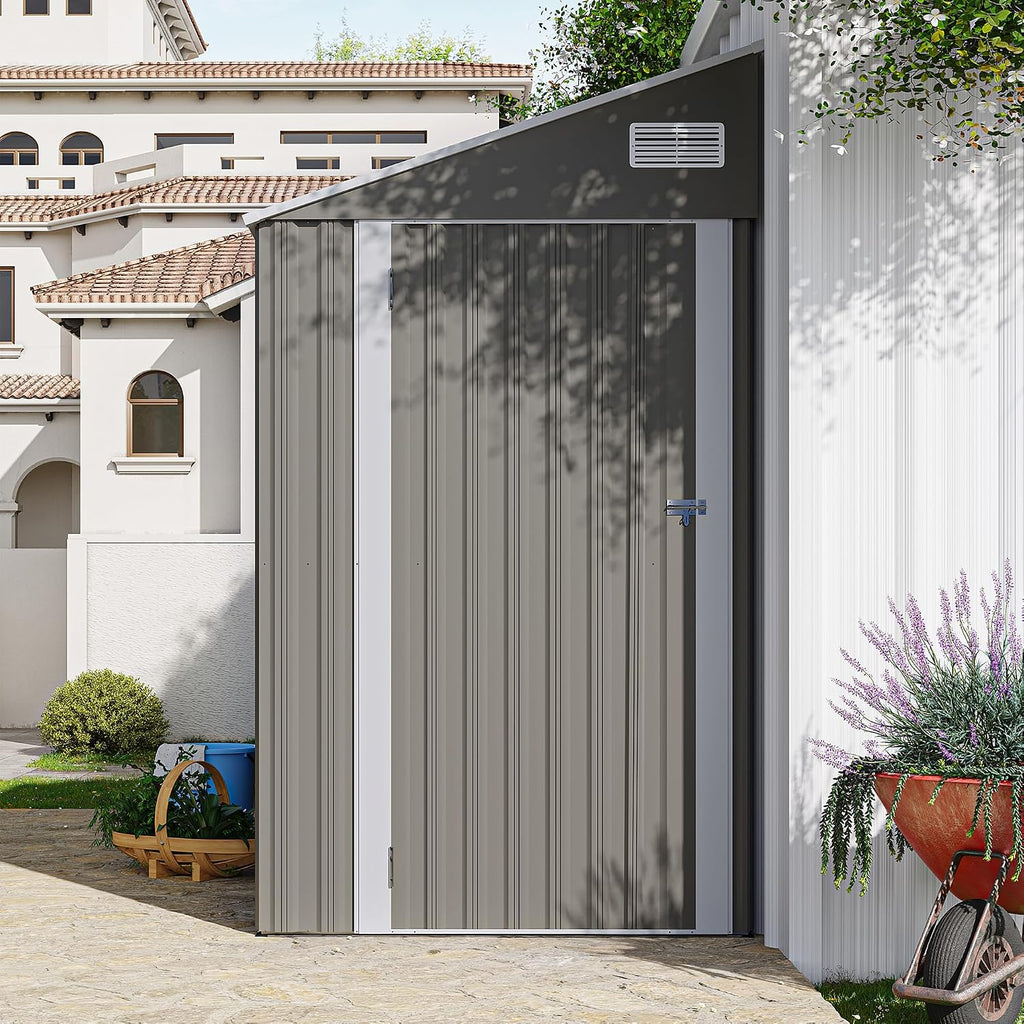 4x8FT Outdoor Lean to Storage Shed, Metal Wall Side Sheds Garden Tool Storage Shed W/Lockable Door and Air Vents, Waterproof Garden Shed Utility Tool for Backyard, Patio, Lawn
