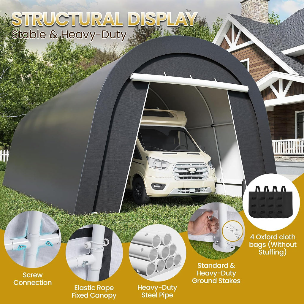 Kiss the Water Domed Carport with 4 Cloth Bags, Portable Garage with 2 Roll-up Doors, Heavy Duty Car Canopy Party Tent, All-Season Storage Shelter Shed for Boat, Truck, or Garden Tools, 12' x 25'