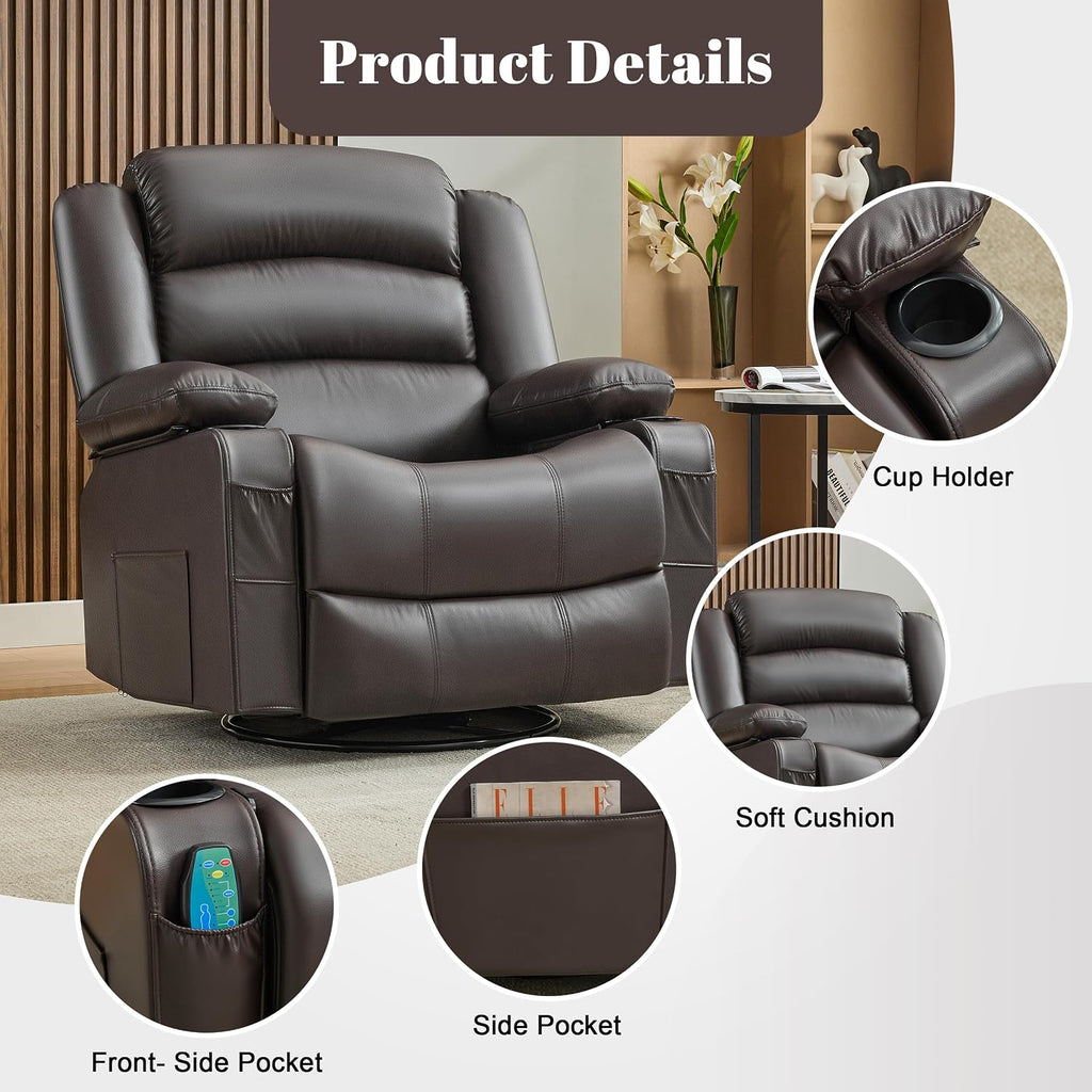 Oversized Nursery Rocking Chairs with Heat and Massage, 360° Swivel Recliner Chair for Adults, Recliner Single Sofa Seat with Cup Holders, Lazy Boy Recliner Single Sofa (Oversized Manual, Darkbrown)