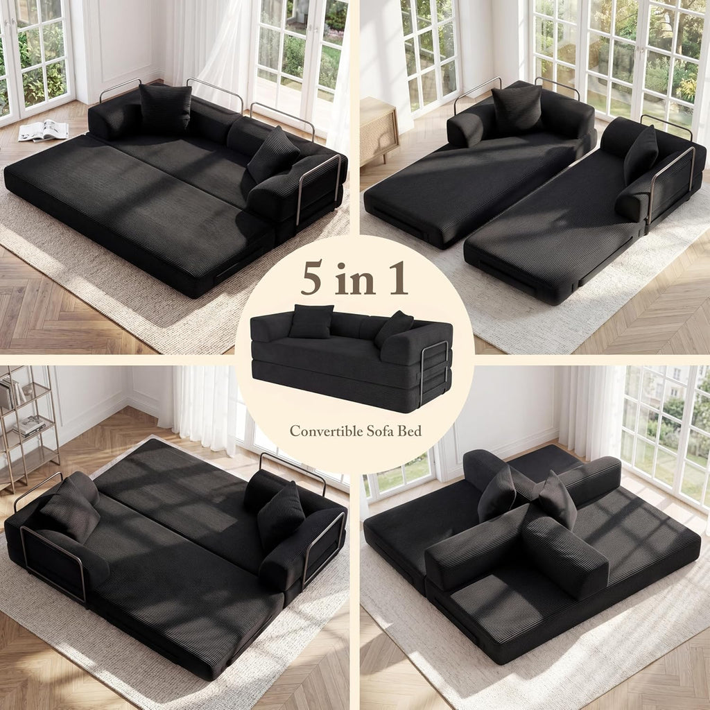 Cloud Boneless Convertible Sofa Bed, 5-in-1 Foldable Compressed High-Density Sponge Sofa, 70' Corduroy Fabric 2 Seater Sleeper Couch Futon Daybed for Living Room Bedroom (Black)