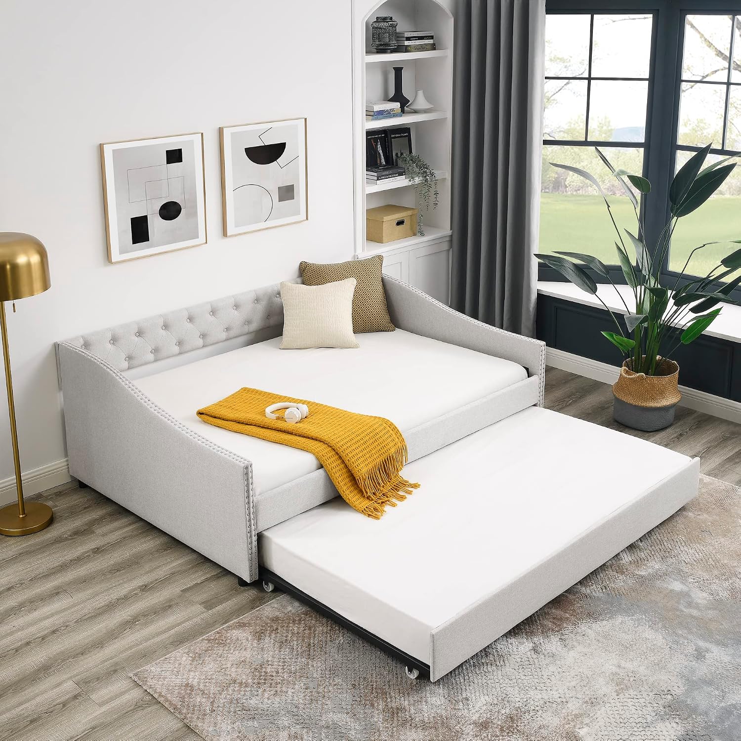 KEIKI Full Size Upholstery Daybed with Trundle and Headboard, Mid-Century Style Tufted Sofa Bed with Button on Back, Easy Assembly, No Box Spring Required, for Living Room and Bedroom, Beige