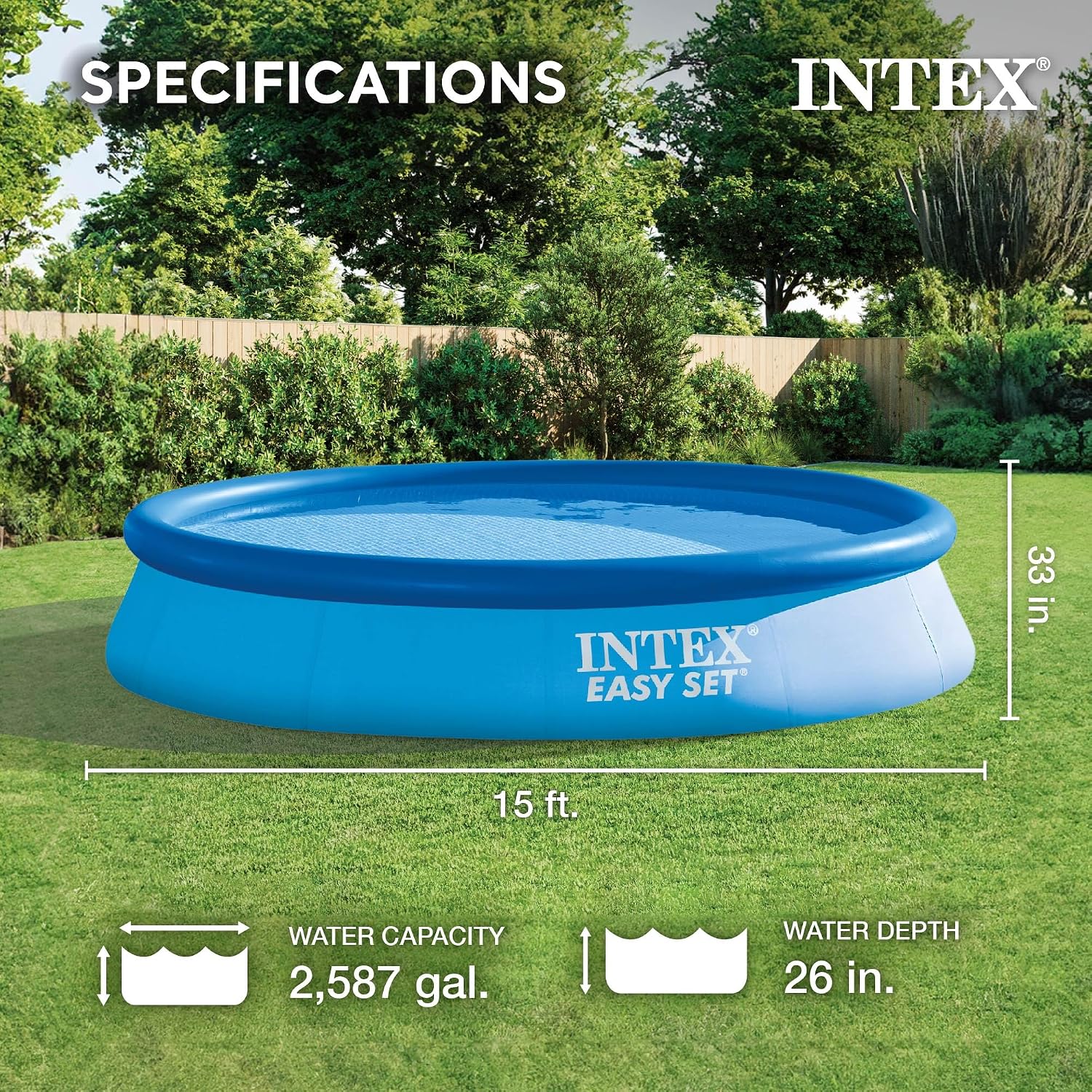 INTEX 28157EH Easy Set Inflatable Swimming Pool Set: 15ft x 33in – Includes 530 GPH Cartridge Filter Pump – Puncture-Resistant Material – 2587 Gallon Capacity – 26in Water Depth