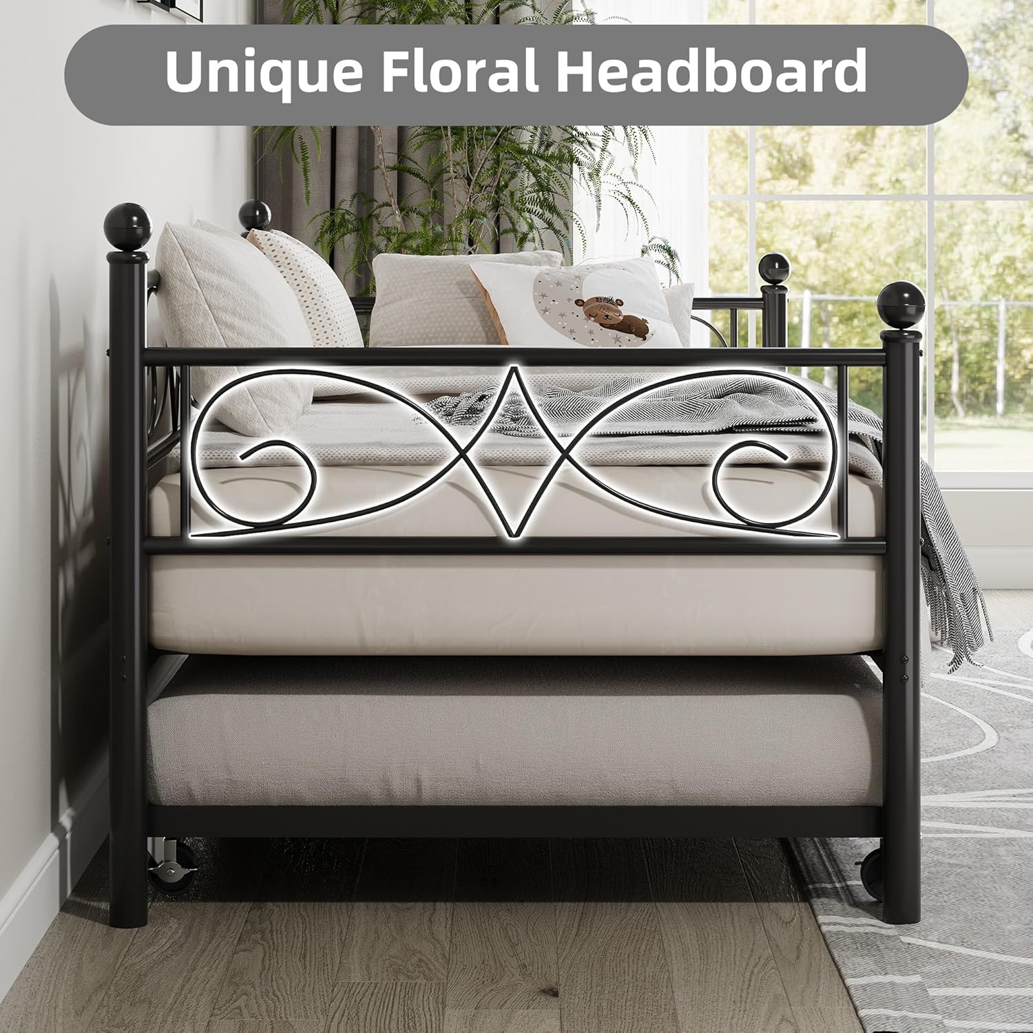 IDEALHOUSE Twin Daybed with Trundle, Metal Trundle Bed, Sofa Bed Frame, Heavy Duty Metal Slats, for Living Room, Bedroom, Guest Room, Space Saving, Modern Black