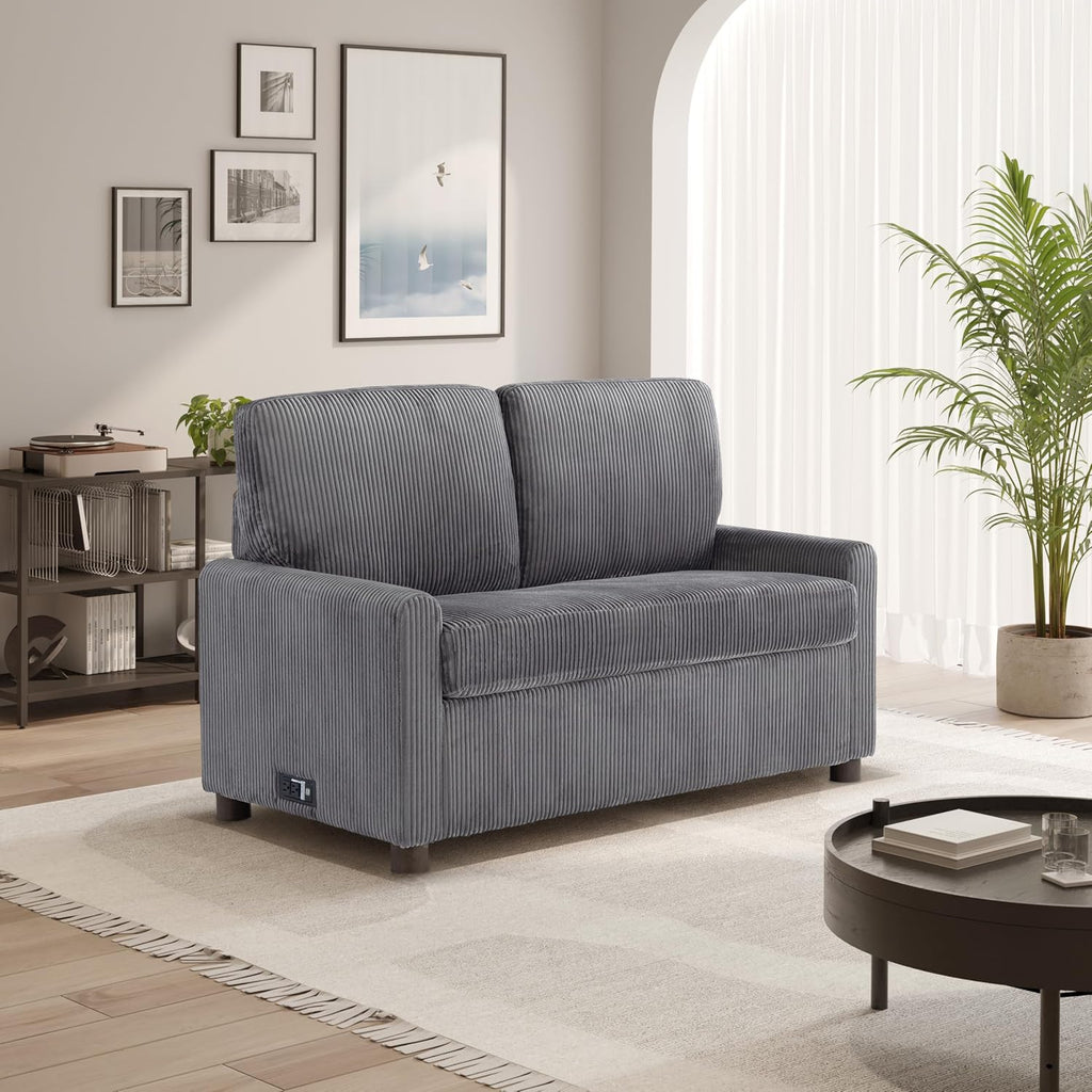 Serta® Darnold 53.5' Pull-Out Sleeper Loveseat, Twin Size, Dreamcoil® Comfort, Memory Foam Pull-Out Mattress, USB-C and USB-A Power Ports, Soft Corduroy Fabric, Grey
