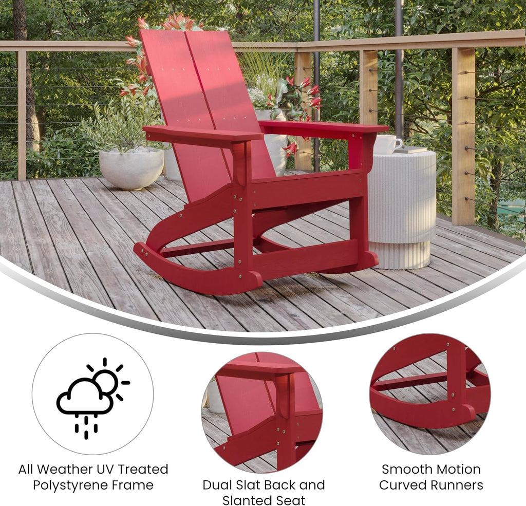 EMMA + OLIVER Harmon Adirondack Rocking Chair - Red Poly Resin - Suitable for Indoor/Outdoor Use - All Weather Materials - Easy Assembly - 350 lb. Weight Capacity