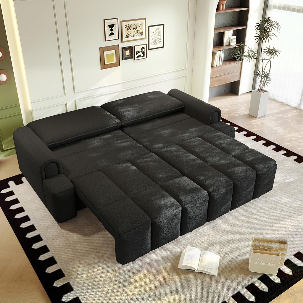 KEIKI 90.2' Modern 3-in-1 Sleeper Sofa Bed – Teddy Fabric 4-Seater Couch with Storage, King Size Convertible Sofa for Office, Guest Room, Home Workspace, Reclining Sofa Bed with Casters