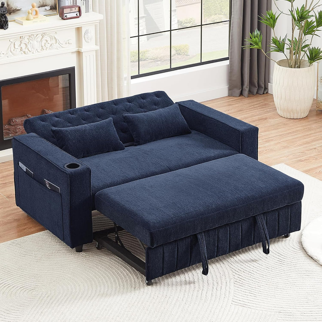 Merax 3 in 1 Convertible Sleeper Sofa Bed with Storage, Futon Couches for Living Room with USB Ports | CupHolder| Reversible Backrest | Pull Out Couch |Small Loveseat,Blue