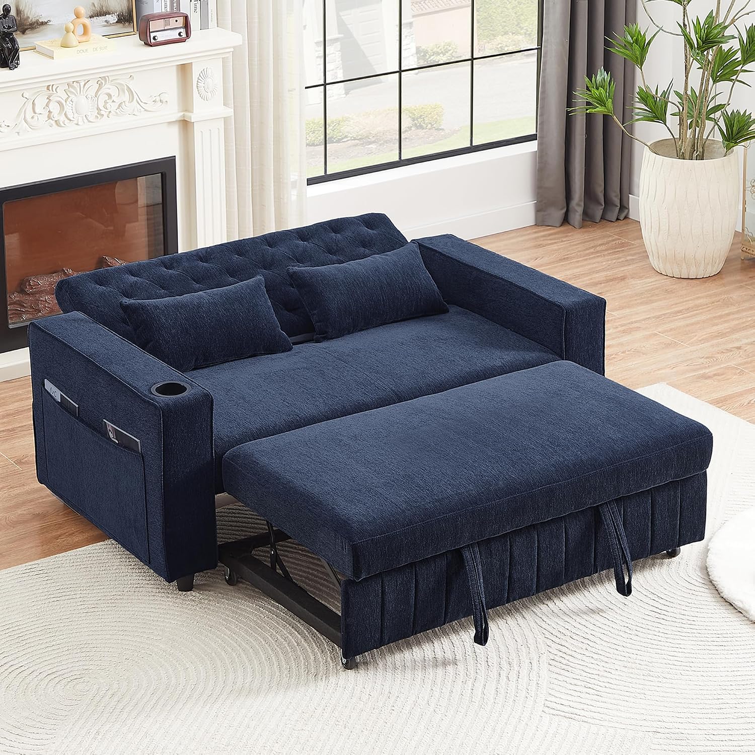 Merax 3 in 1 Convertible Sleeper Sofa Bed with Storage, Futon Couches for Living Room with USB Ports | CupHolder| Reversible Backrest | Pull Out Couch |Small Loveseat,Blue