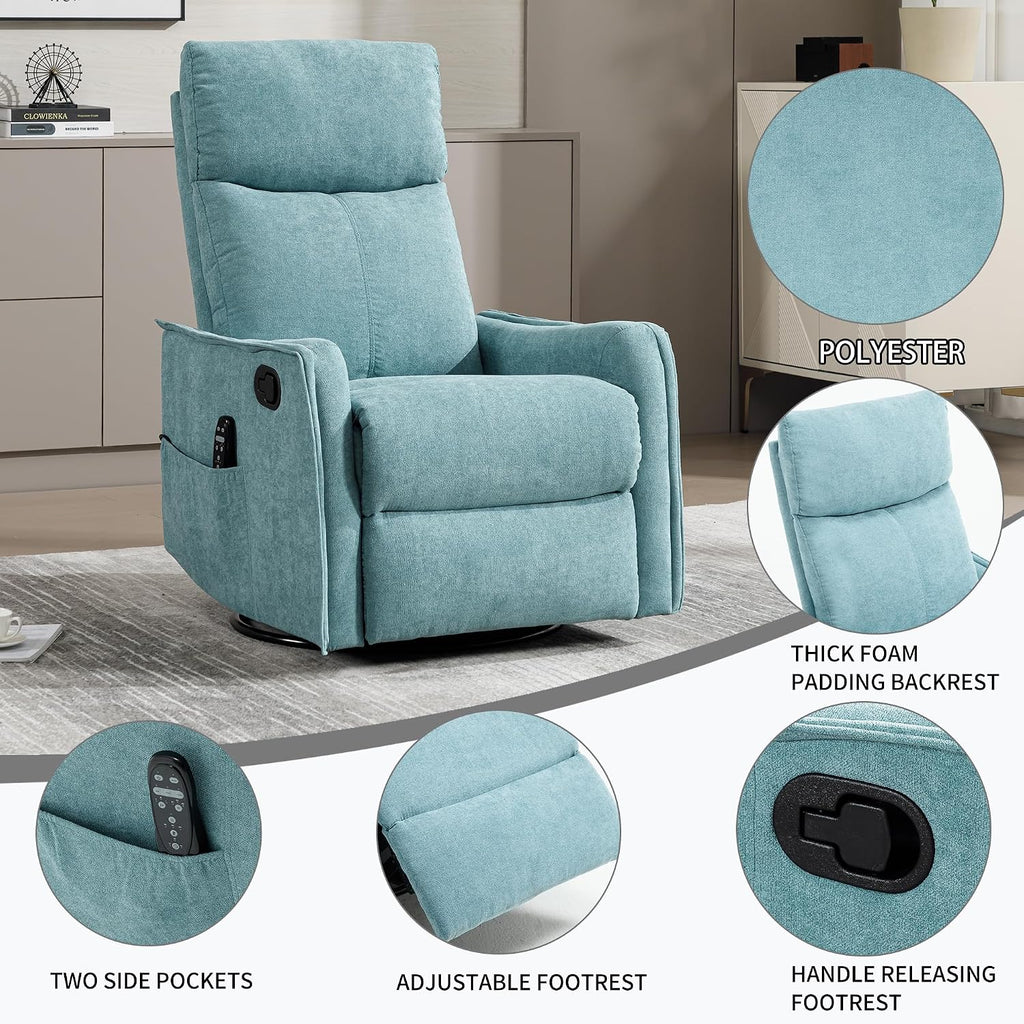 Massage Chair Recliner with Heat, 360° Swivel Glider Rocker with Reclining Backrest and Footrest, Manual Lazy Boy Recliners for Adults, Modern Nursery Rocking Chairs (Antique Blue Green)