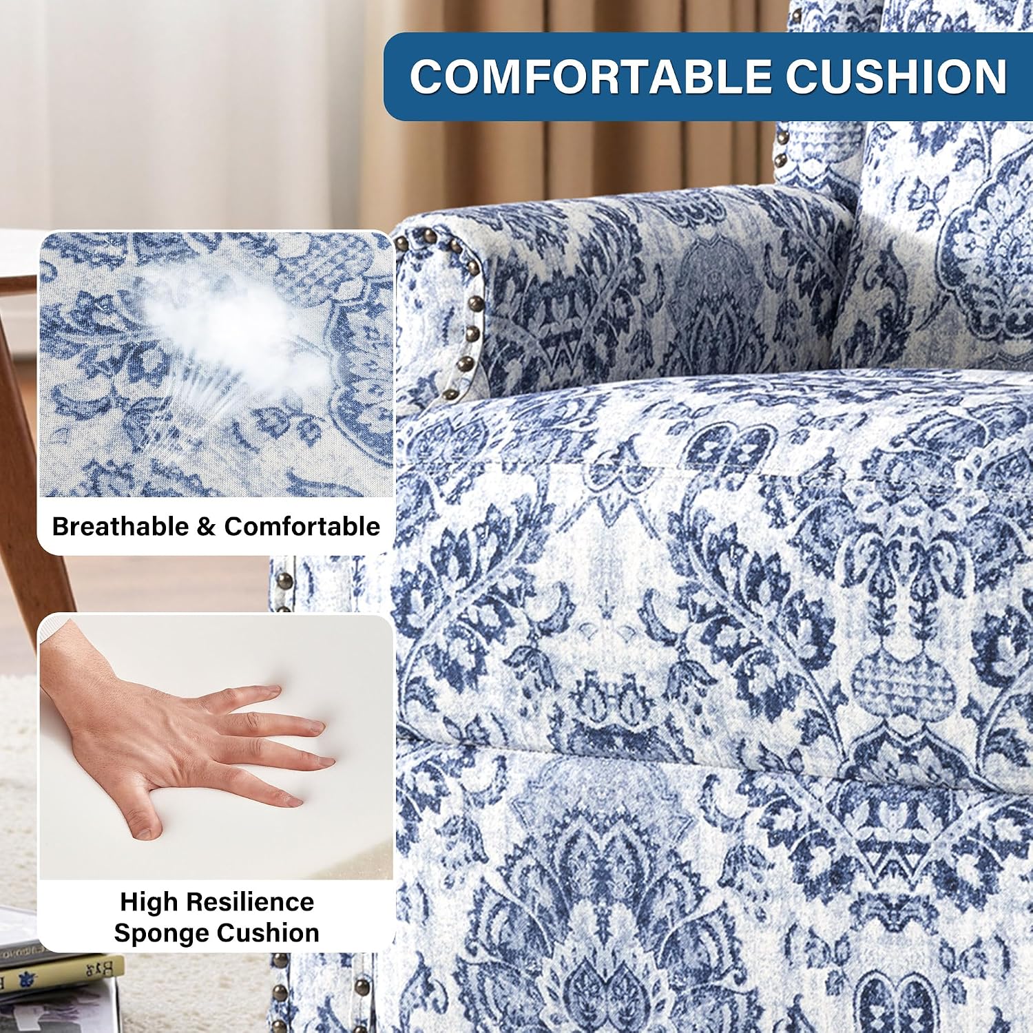 Lumibee Swivel Rocker Recliner Chair, Set of 2 Printed Fabric Swivel Glider Rocking Chair with High Back, Upholstered Deep Seat Wingback Recliner Chair for Living Room Bedroom, Navy
