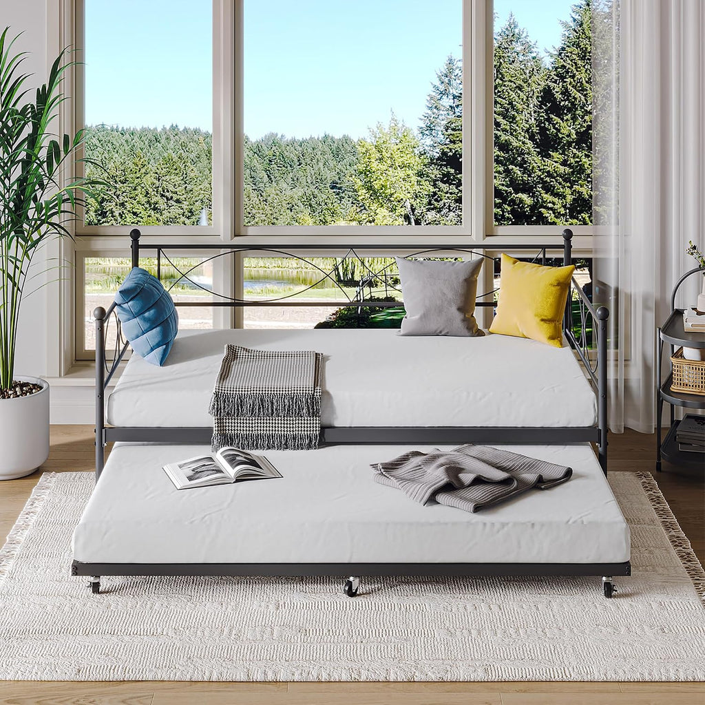 IDEALHOUSE Twin daybed with Trundle, Metal Twin Daybed and Trundle Set, Day Bed Sofa Bed Frame with Steel Slat Support, Multifunctional Daybed Frame for Bedroom (Modern - Black)