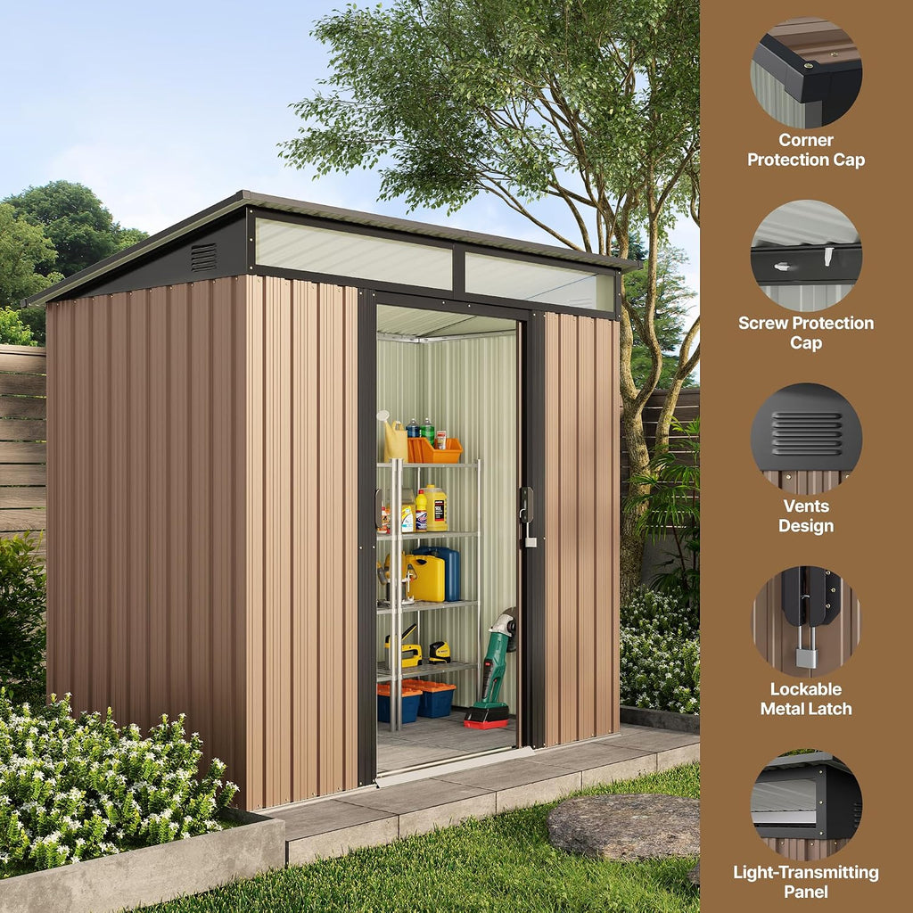 Gizoon 6'x4' Outdoor Storage Shed Metal Garden Shed with Sliding Lockable Doors, Versatile Tool Bike Shed with Transparent Panel Windows, Outdoor Storage Clearance for Backyard, Patio, Light Brown