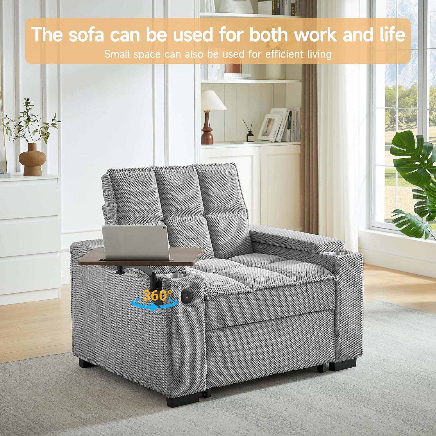Auvsoce 3-in-1 Folding Convertible Sofa Bed Set of 2, Sleep Couch with Modern Chenille Fabric, 360° Swivel Side Table, Easy Assembly, Perfect for Living Room & Home Theater