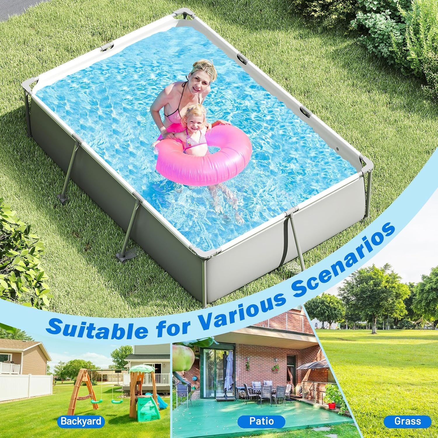 Goplus Above Ground Swimming Pool, 10'x6.8'x26'' Metal Frame Pool Set w/PVC Fabric, 3 Stoppers, Drainage Valve Connector, for Outdoor, Backyard, Garden, Patio (10' x 6.8' Rectangle, 978 Gal, Grey)