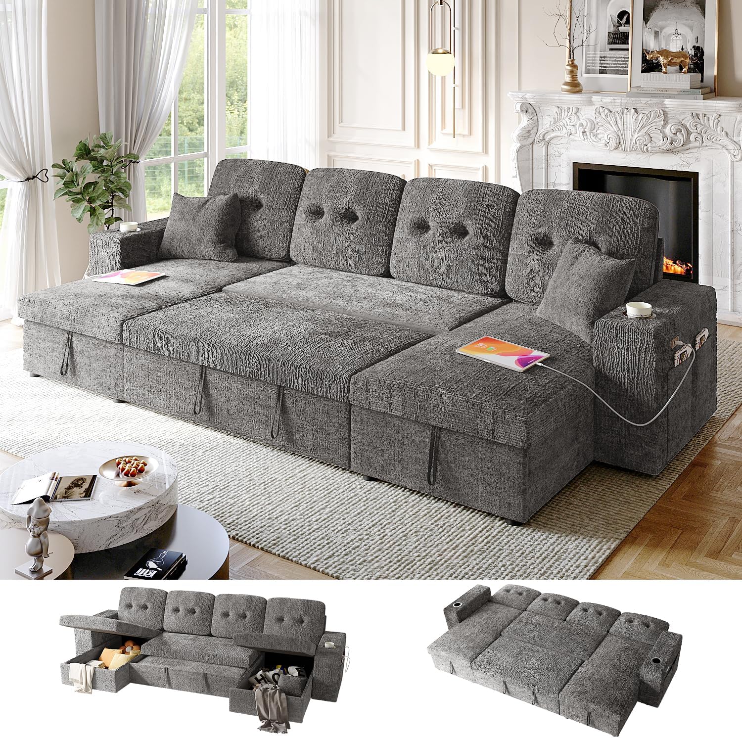 117' Sleeper Sofa Bed, U-Shaped Sofa with Dual Reversible Storage Chaise | Adjustable Backrest | Wide Armrest, Sectional Couches for Living Room, 4 in 1 Pull Out Couch Bed, Grey Chenille