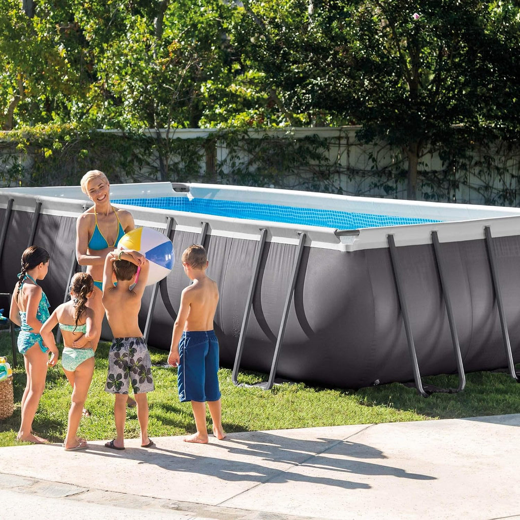 Intex 26351EH 18ft X 9ft X 52in Ultra Frame Rectangular Pool Set with Sand Filter Pump, Ladder, Ground Cloth & Pool Cover