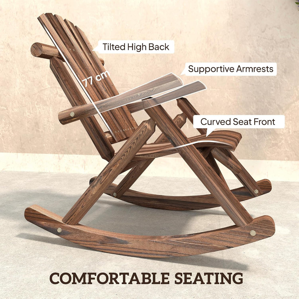 Outsunny Outdoor Wooden Rocking Chair, Single-Person Adirondack Rocking Patio Chair with Rustic High Back, Slatted Seat and Backrest for Indoor, Backyard, Garden, Carbonized