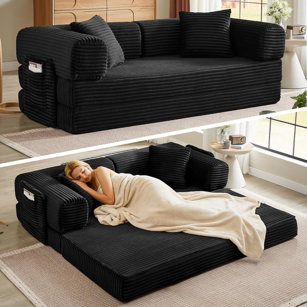 Boneless Couch Futon Sofa Bed Sectional Couches for Living Room,Cloud Couch with Sleeper Sofa,Sofas for Living Room Oversized Corduroy Upholstered (Black, 81 Inches (with Iron Frame))