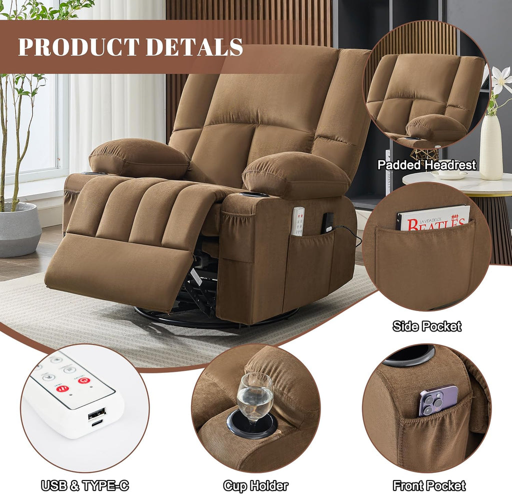 Rocker Recliner Chair with Heat and Massage, 360° Swivel Recliner Chairs for Adults, Oversized Recliner Single Sofa Seat with Cup Holders, Lazy Boy Recliner Single Sofa (Electric, Brown)