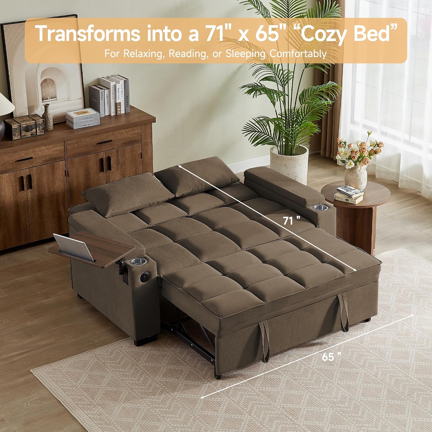 Auvsoce 65'' Convertible Sleeper Sofa Bed with Adjustable Backrest, Chaise Lounge, Side Table & USB/Type-C Ports – Stylish & Functional Addition to Any Living Room (Light Grey-1)