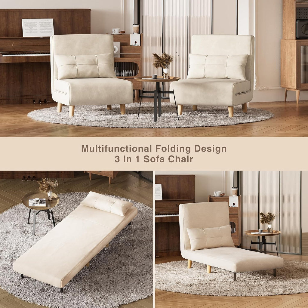 Aiho Futon Sofa Bed, 3-in-1 Convertible Sleeper Chair Bed, Futon Chair with 6-Level Adjustable Backrest and Pillow for Guest Room Apartment Dorm, Velvet Beige