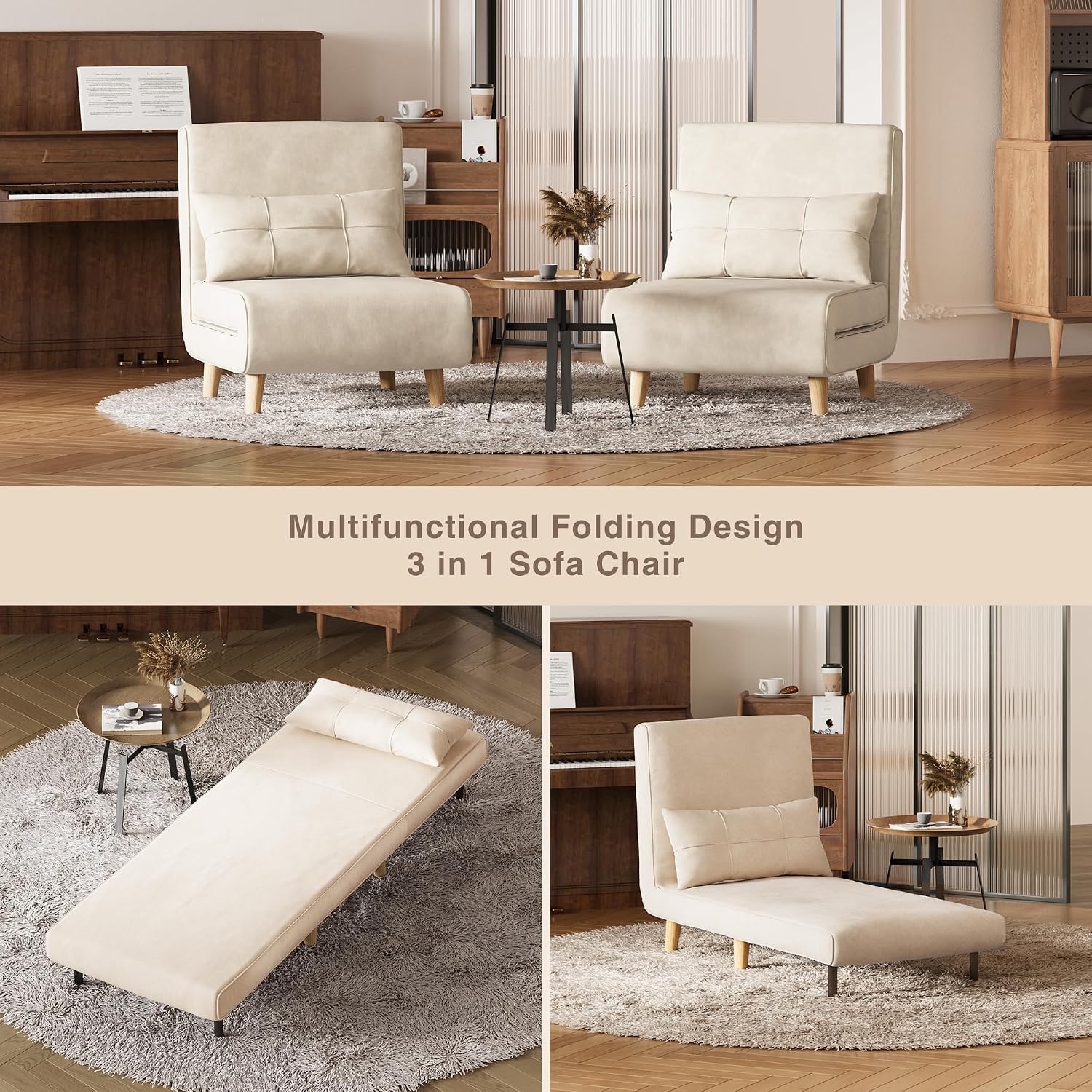 Aiho Futon Sofa Bed, 3-in-1 Convertible Sleeper Chair Bed, Futon Chair with 6-Level Adjustable Backrest and Pillow for Guest Room Apartment Dorm, Velvet Beige