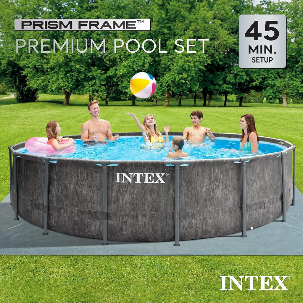 Intex Greywood Prism Frame 15' x 48' Round Above Ground Outdoor Swimming Pool Set with 1000 GPH Filter Pump, Ladder, Ground Cloth, and Pool Cover