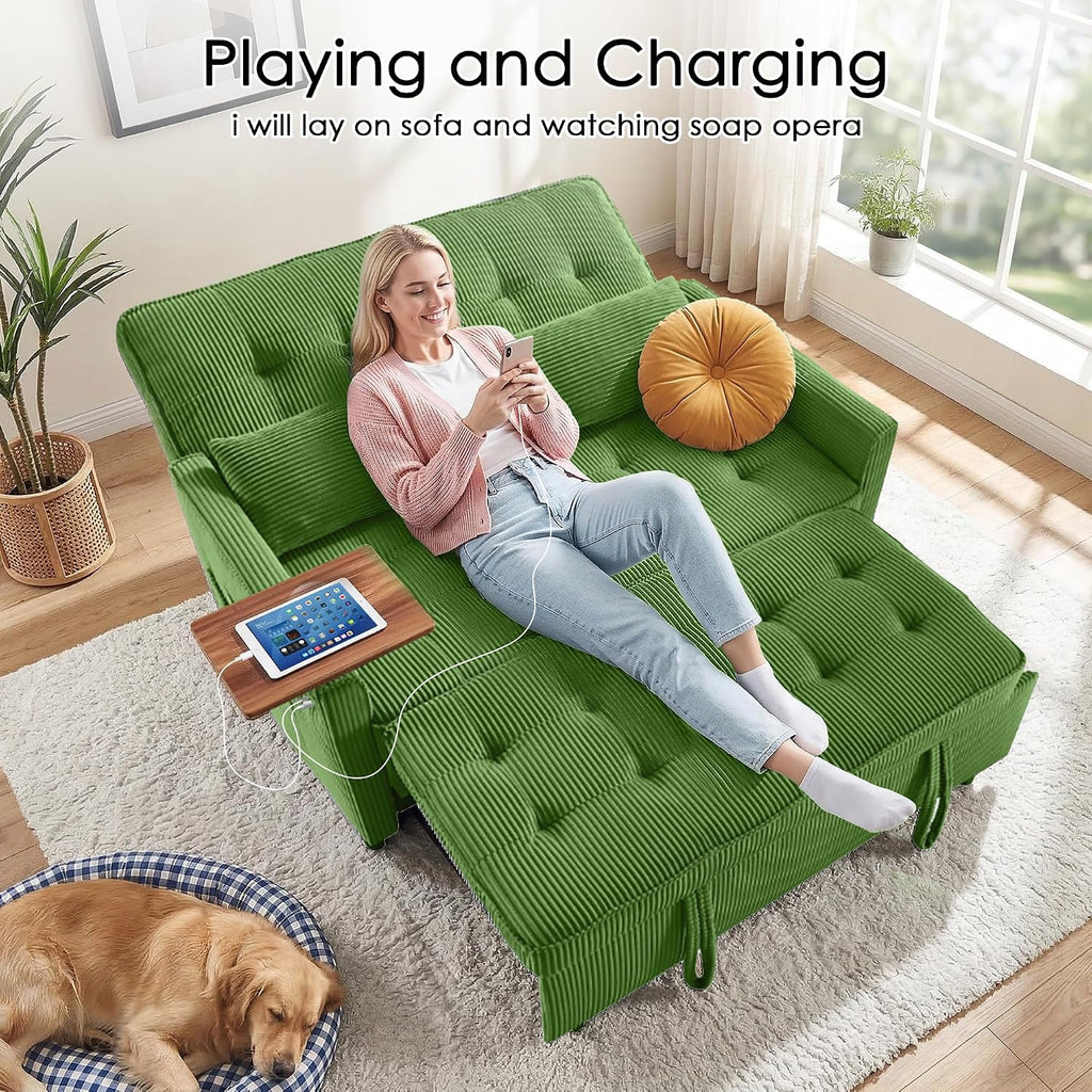 Sleeper Sofa Bed, 54'' Convertible Pull Out Couch with Small Table| USB Port | Stand Table| Corduroy Fabric | Adjustable Backrest for Apartment, Office, Bedroom, Guest Room(Green)
