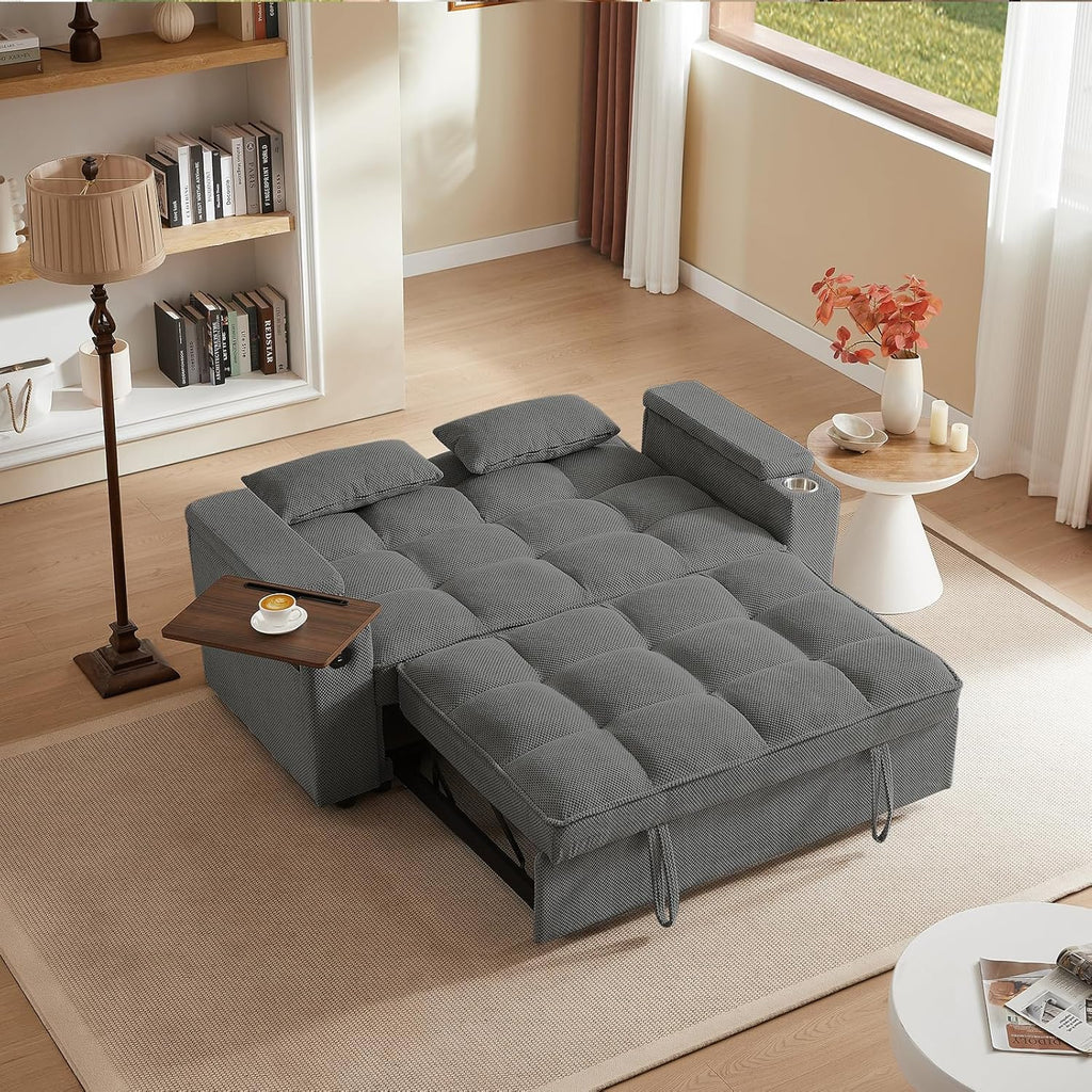 Auvsoce 65'' Convertible Sleeper Sofa Bed with Adjustable Backrest, Chaise Lounge, Side Table & USB/Type-C Ports – Stylish & Functional Addition to Any Living Room (Dark Grey Sofa Bed)