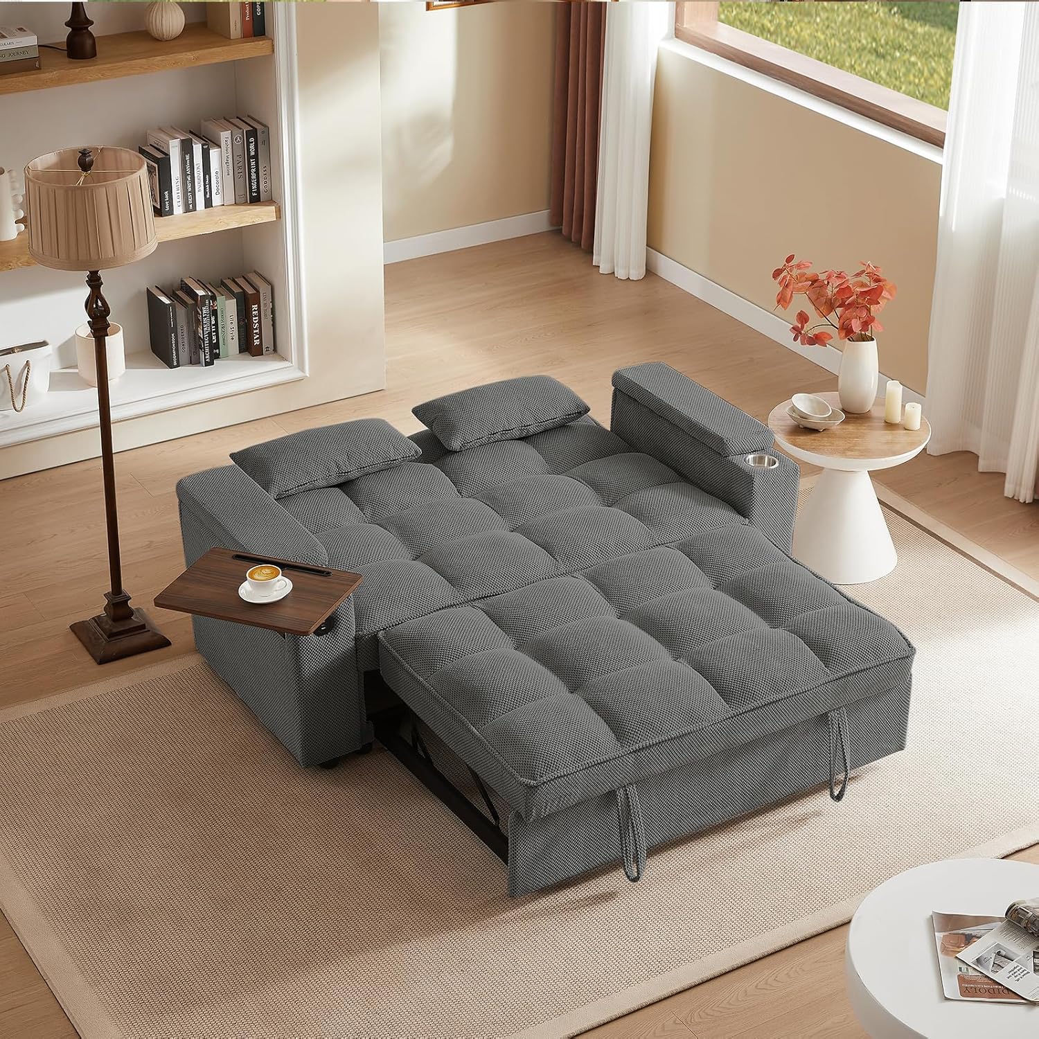 Auvsoce 65'' Convertible Sleeper Sofa Bed with Adjustable Backrest, Chaise Lounge, Side Table & USB/Type-C Ports – Stylish & Functional Addition to Any Living Room (Dark Grey Sofa Bed)
