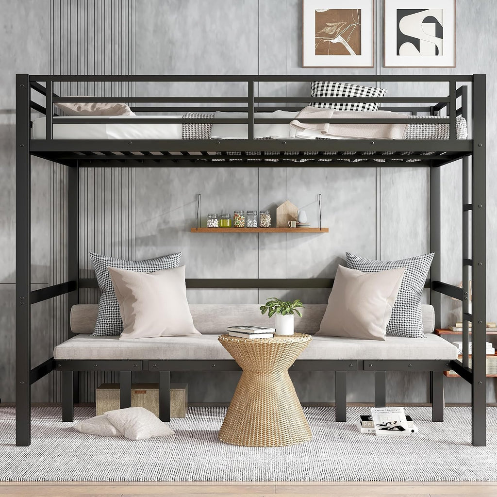 Harper & Bright Designs Queen Over Queen Metal Bunk Bed with Couch, Heavy Duty Bunk Bed Frame with Sofa, Lower Bed Can Be Pulled Out in Three Sections, Black