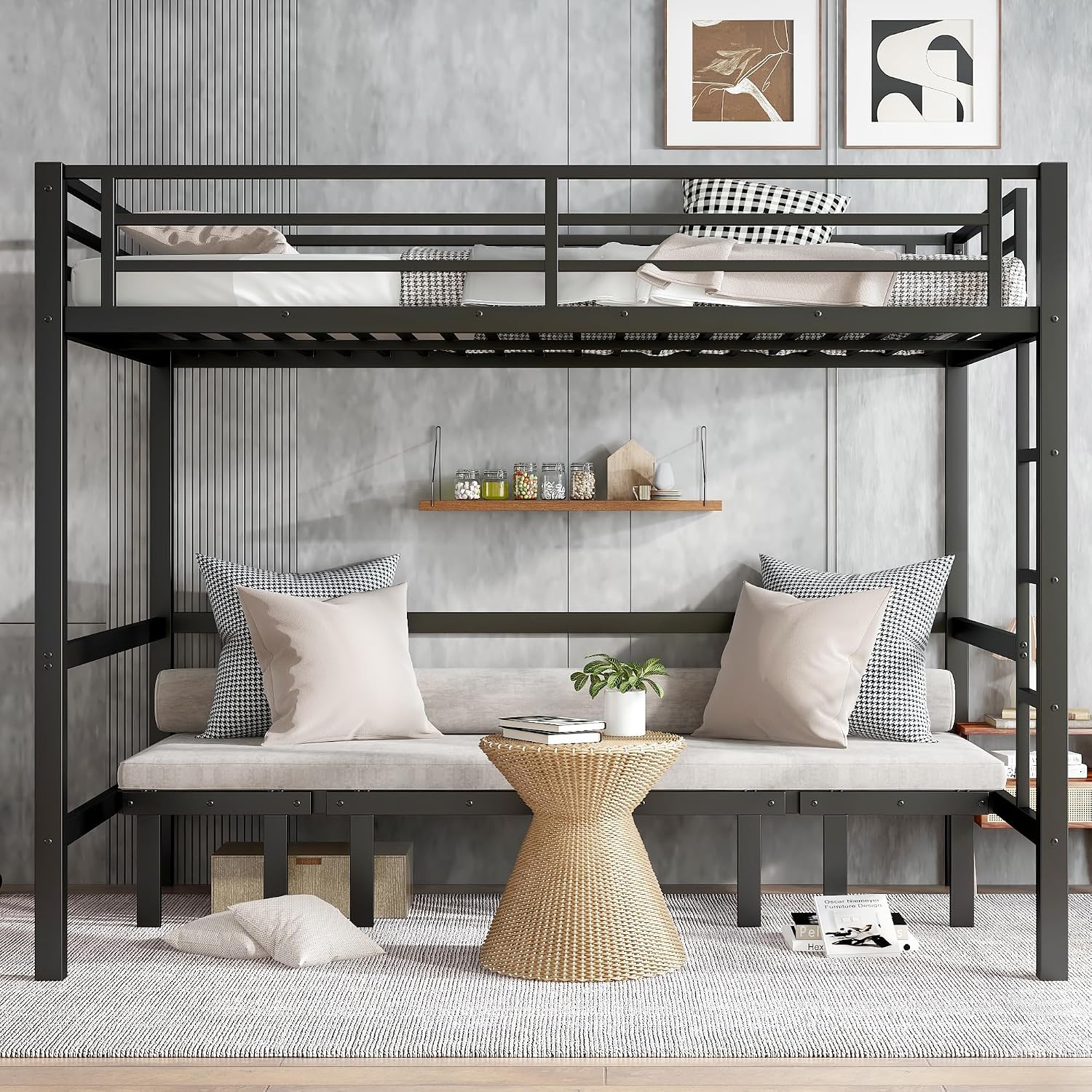 Harper & Bright Designs Queen Over Queen Metal Bunk Bed with Couch, Heavy Duty Bunk Bed Frame with Sofa, Lower Bed Can Be Pulled Out in Three Sections, Black