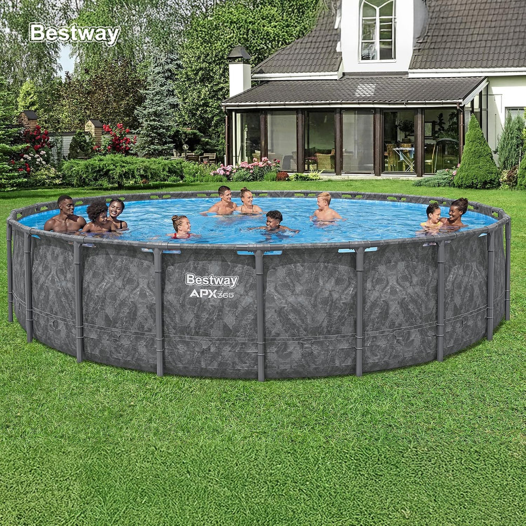 Bestway APX 365 22' x 52' Above Ground Pool, Round Metal Frame Outdoor Swimming Pool Set with Sand Filter Pump, Ladder, and Cover, Dark Marble