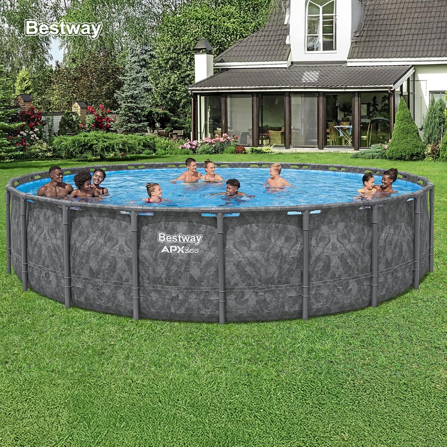 Bestway APX 365 22' x 52' Above Ground Pool, Round Metal Frame Outdoor Swimming Pool Set with Sand Filter Pump, Ladder, and Cover, Dark Marble