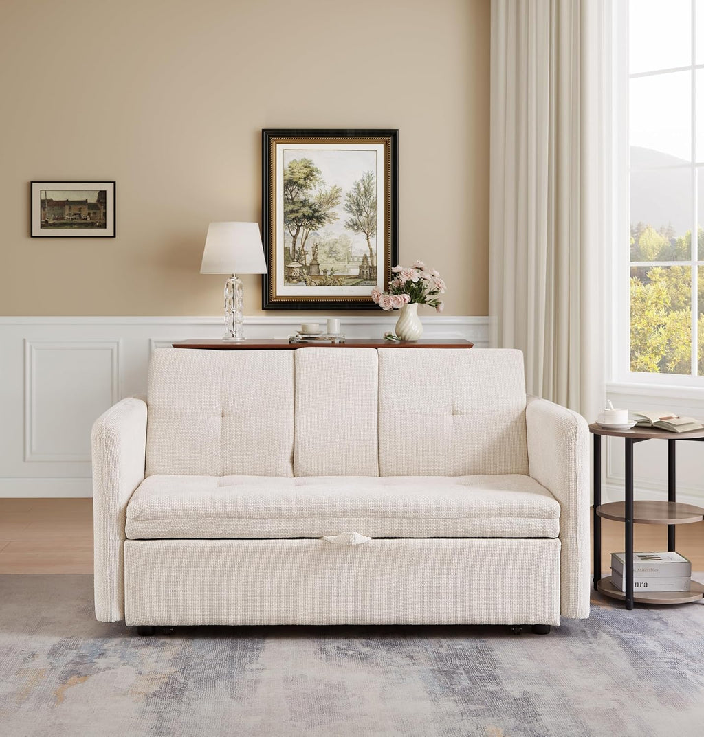 57.48' Convertible Sofa Bed with Cup Holder, Pull Out Sleeper Sofa Bed with USB Charging Ports, 3 in 1 Convertible Sleeper Sofa Bed for Living Room, Apartment, Bedroom, RV, Beige