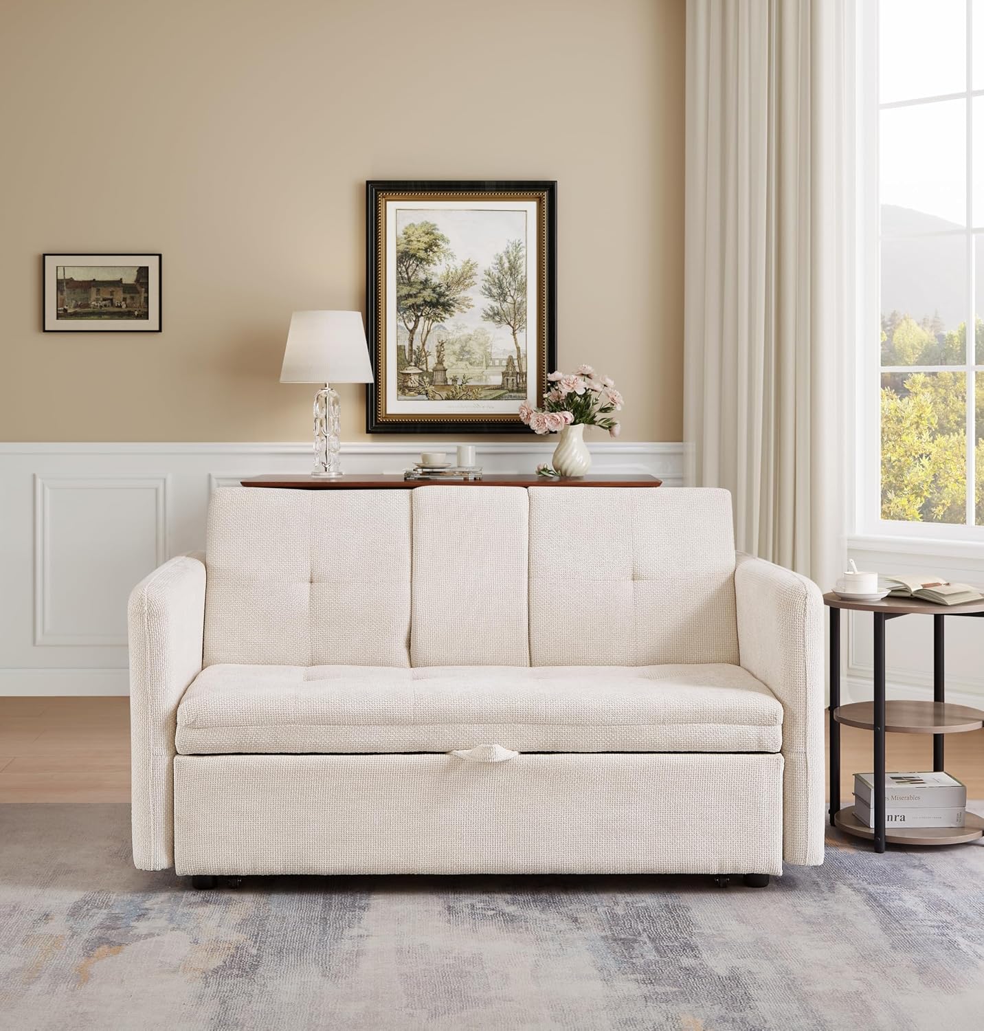 57.48' Convertible Sofa Bed with Cup Holder, Pull Out Sleeper Sofa Bed with USB Charging Ports, 3 in 1 Convertible Sleeper Sofa Bed for Living Room, Apartment, Bedroom, RV, Beige