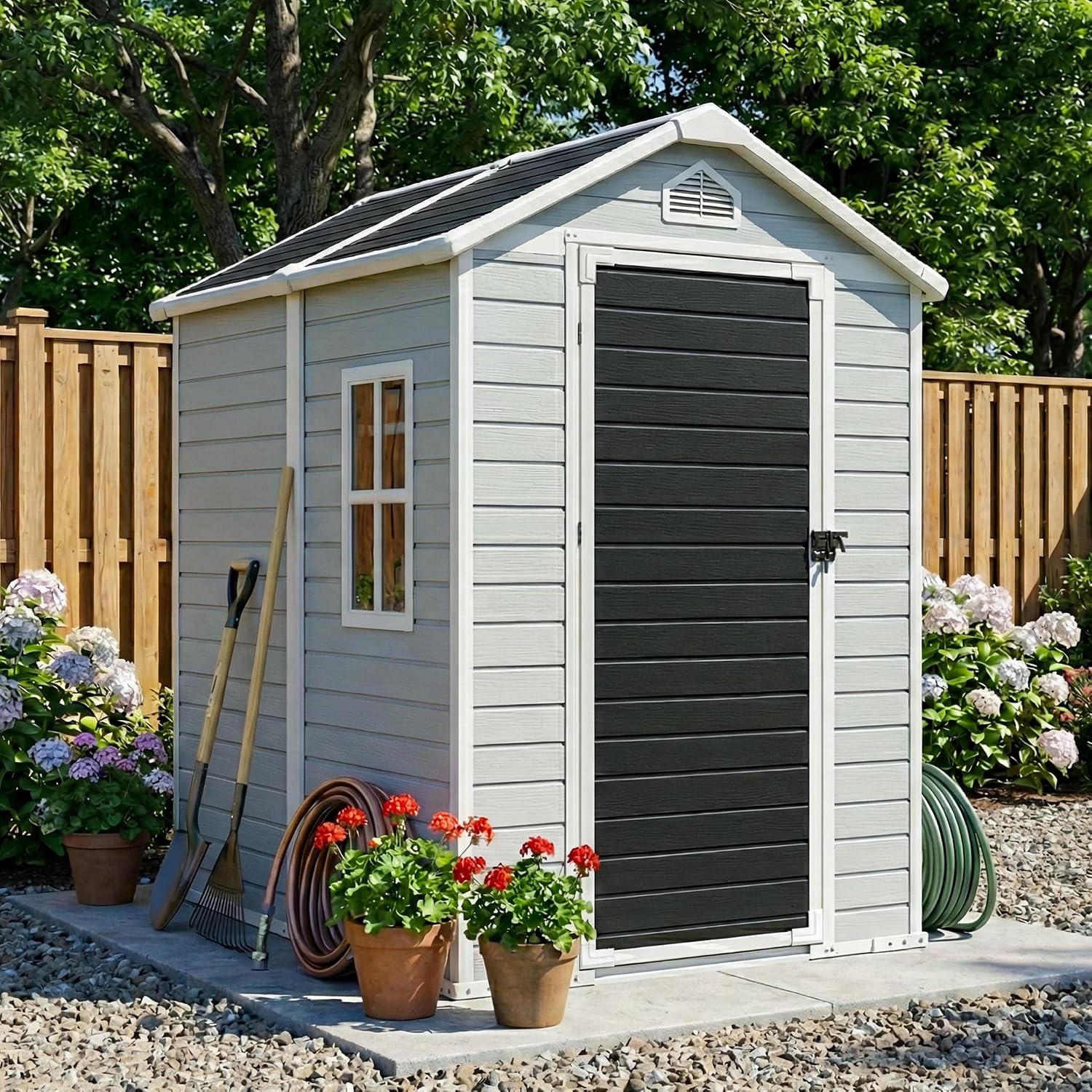 Restland 4x6 FT Resin Storage Shed with Floor Outdoor Waterproof Plastic Shed with Window & Lockable Door Large Tool Garden Sheds for Backyard, Poolside, Patio