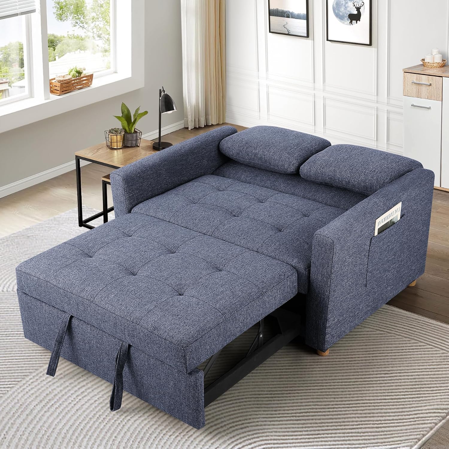 SEJOV Convertible Sofa Bed, 3-in-1 Sleeper Sofa Pull Out Couch Bed, 2-Seater Linen Fabric Loveseat Futon with Spring Support, Adjustable Backrest for Small Spaces, Living Room, Navy Blue