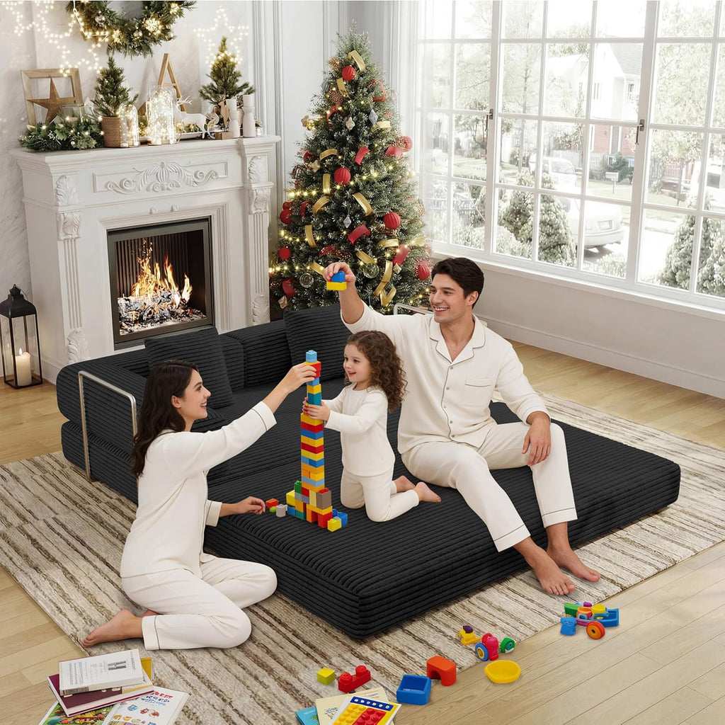 4-in-1 Foldable Sofa Bed Teddy Foam-Filled Compressed Couch Loveseat Sofa Boneless Foldable Convertible Sleeper Sofa Couch for Space Saving Living Room, Guest Bed, Playroom (Black, 53.15'Double Sofa)