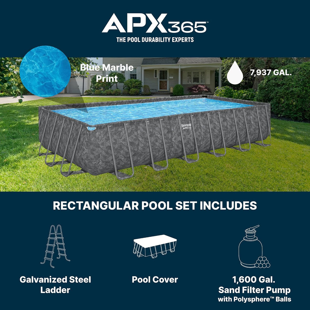 Bestway APX 365 24' x 12' x 52' Above Ground Pool, Rectangular Metal Frame Outdoor Swimming Pool Set with Sand Filter Pump, Ladder, and Cover, Dark Marble