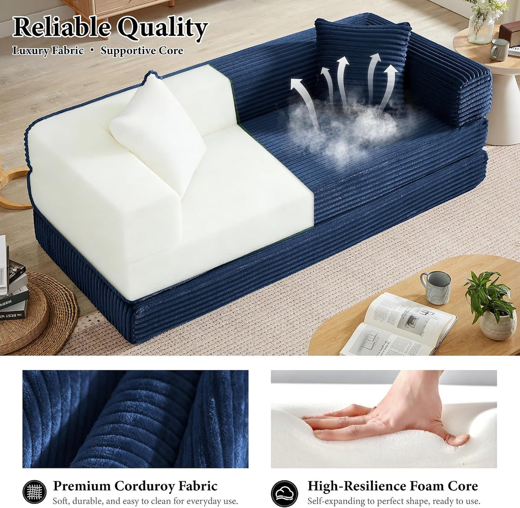 Boneless Couch Futon Sofa Bed Sectional Couches for Living Room,Cloud Couch with Sleeper Sofa,Sofas for Living Room Oversized Corduroy Upholstered (Blue, 76 Inches (No Iron Frame))