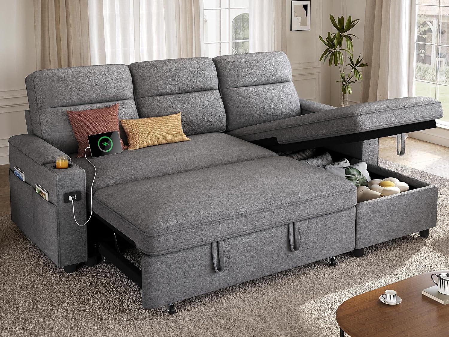 YITAHOME Sectional Sleeper Sofa with Pull Out Couch Bed, 81' Convertible Sleeper Sofa with Adjustable Backrest, Sofa Bed Sleeper Couch with Armrest & USB Port, Grey