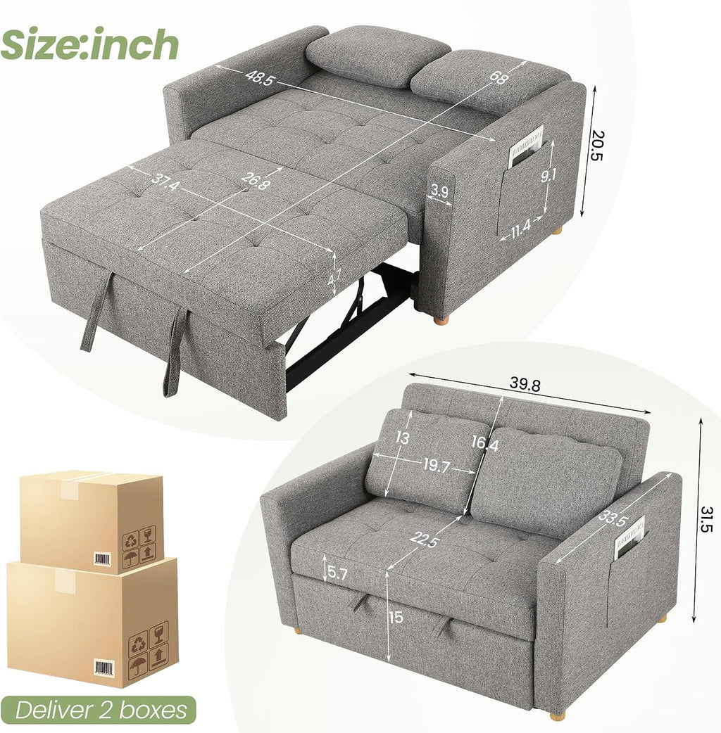 SEJOV Convertible Sofa Bed, 3-in-1 Sleeper Sofa Pull Out Couch Bed, 2-Seater Linen Fabric Loveseat Futon Sofa with Spring Support, Adjustable Backrest for Small Spaces, Living Room, Grey