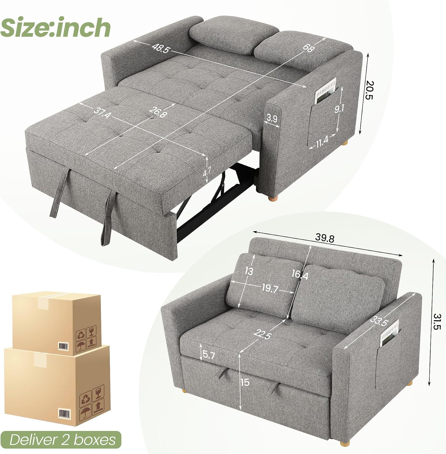 SEJOV Convertible Sofa Bed, 3-in-1 Sleeper Sofa Pull Out Couch Bed, 2-Seater Linen Fabric Loveseat Futon Sofa with Spring Support, Adjustable Backrest for Small Spaces, Living Room, Grey