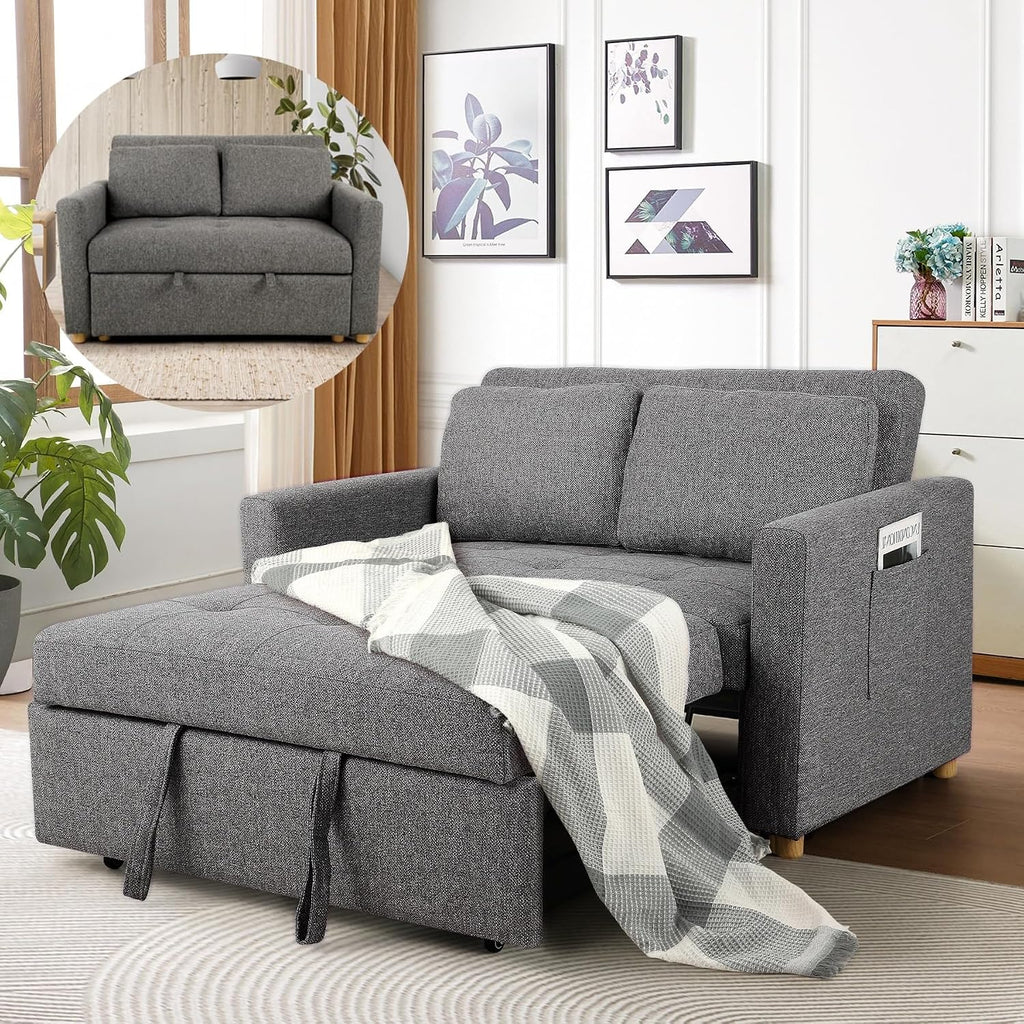 SEJOV Sleeper Sofa Bed, 3-in-1 Convertible Sofa Chair, Linen Fabric Pull Out Couch Bed, Loveseat Sleeper with Spring Support, Adjustable Backrest, 2 Seater Recliner Chair for Small Space, Dark Grey