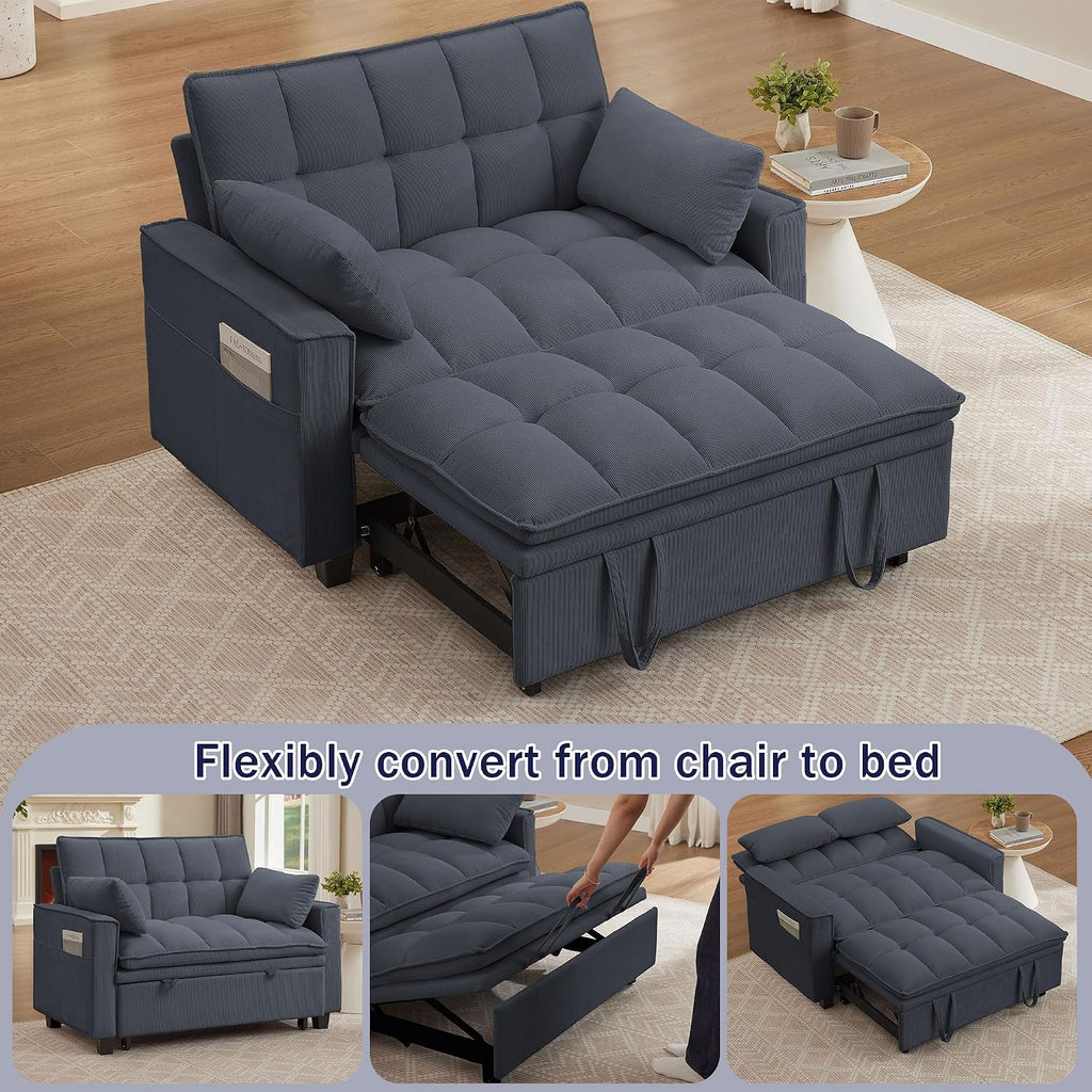 Sleeper Sofa with Pull Out Couch Bed, 48' Convertible Pull-Out Sofa Bed Chair, 3-in-1 Futon Couch with Reclining Backrest and Side Pockets for Living Room Bedroom Apartment, Dark Grey