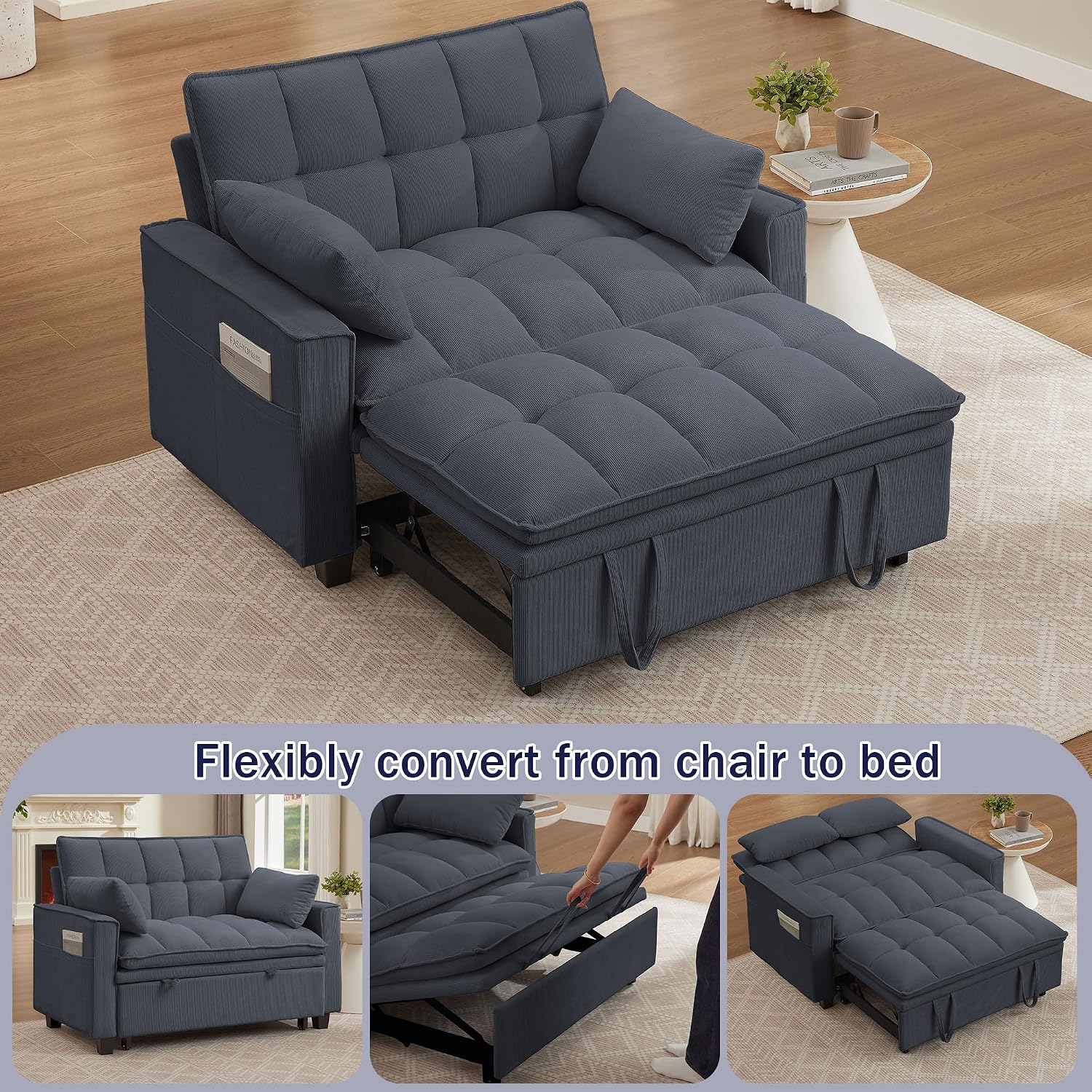 Sleeper Sofa with Pull Out Couch Bed, 48' Convertible Pull-Out Sofa Bed Chair, 3-in-1 Futon Couch with Reclining Backrest and Side Pockets for Living Room Bedroom Apartment, Dark Grey
