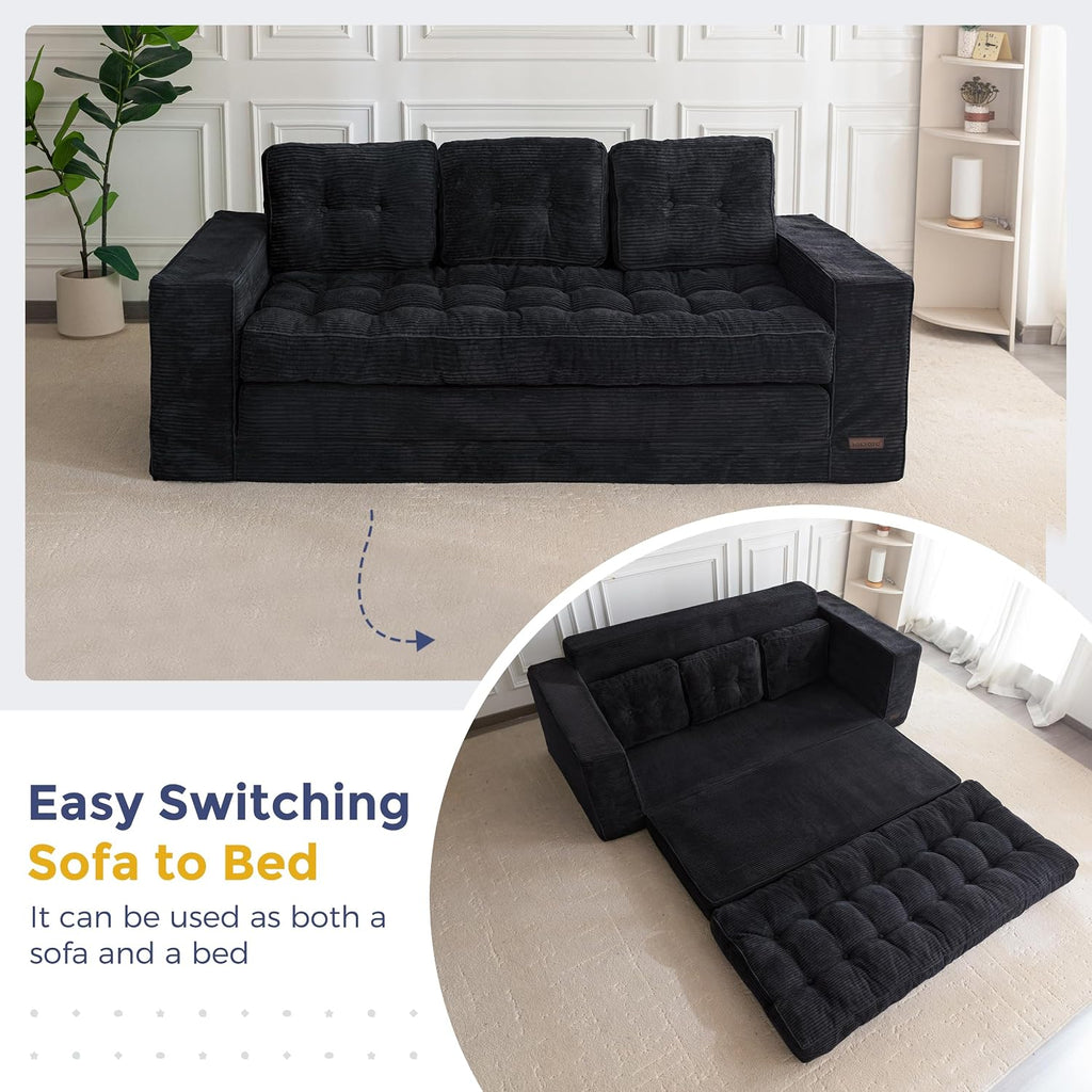 MAXYOYO Convertible Sofa Bed, Pull Out Oversized Loveseat Sleeper Sofa, 2 in 1 Folding Couch Bed, Fold Out Floor Couch with Pillows for Living Room Bedroom Lounge, Black
